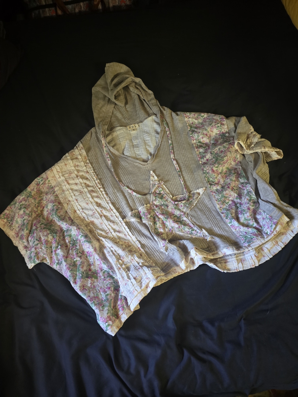 POL Women's Hooded Tunic Top in Beige with Floral Panels PTP 34